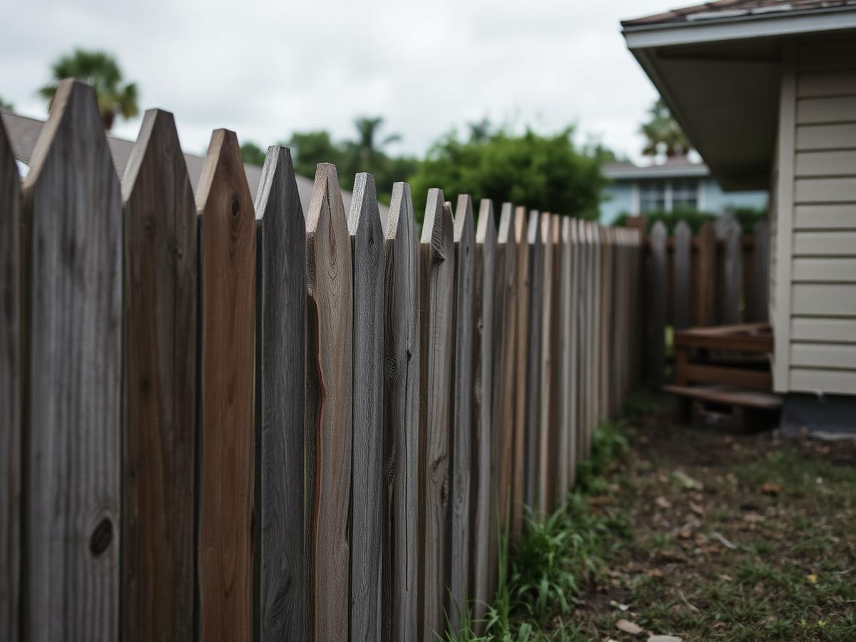 Weathered gray wood privacy fence with split and leaning pickets along a Fort Lauderdale backyard before replacement
