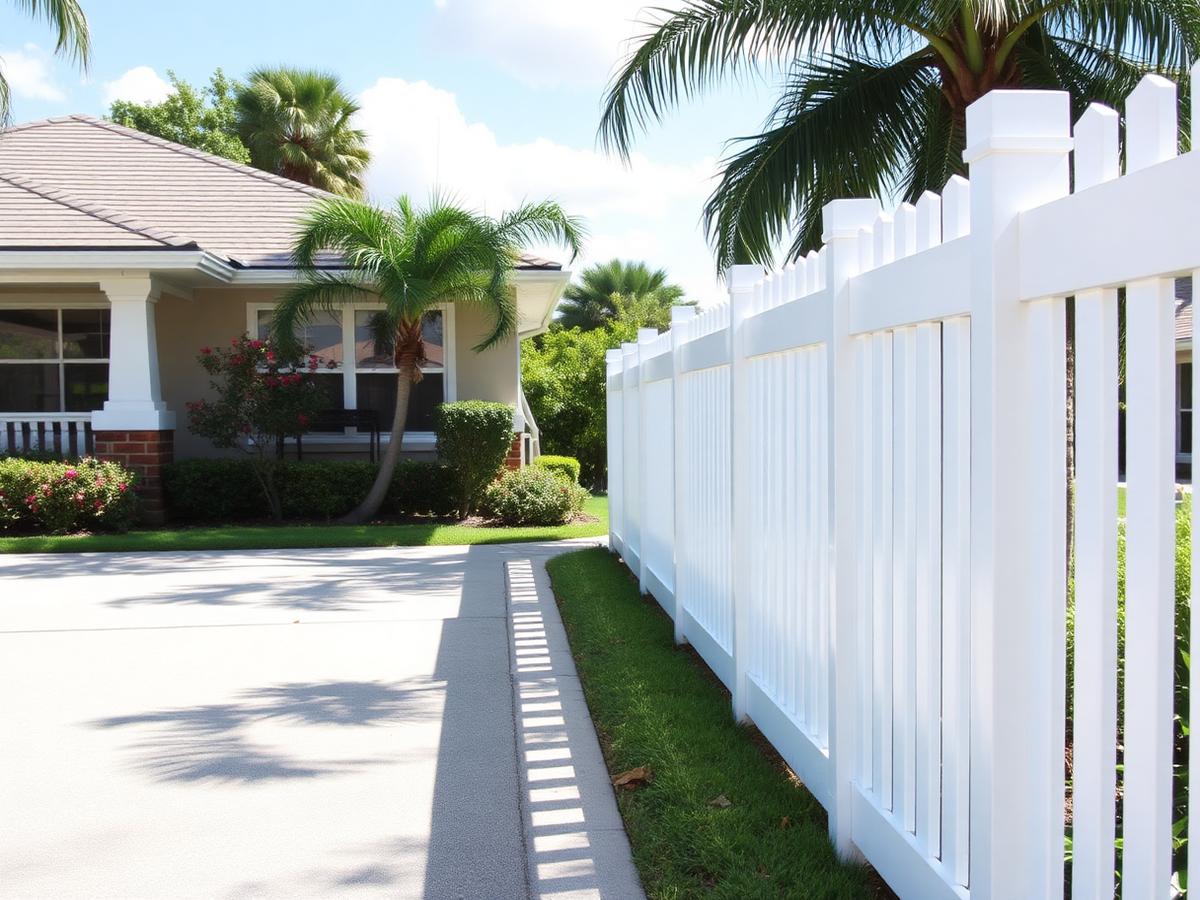 Repaired white vinyl fence with clean level panels beside the same Florida home driveway after repair