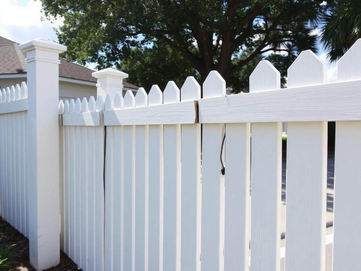 White vinyl fence with cracked and sagging panels beside a Pembroke Pines driveway before repair