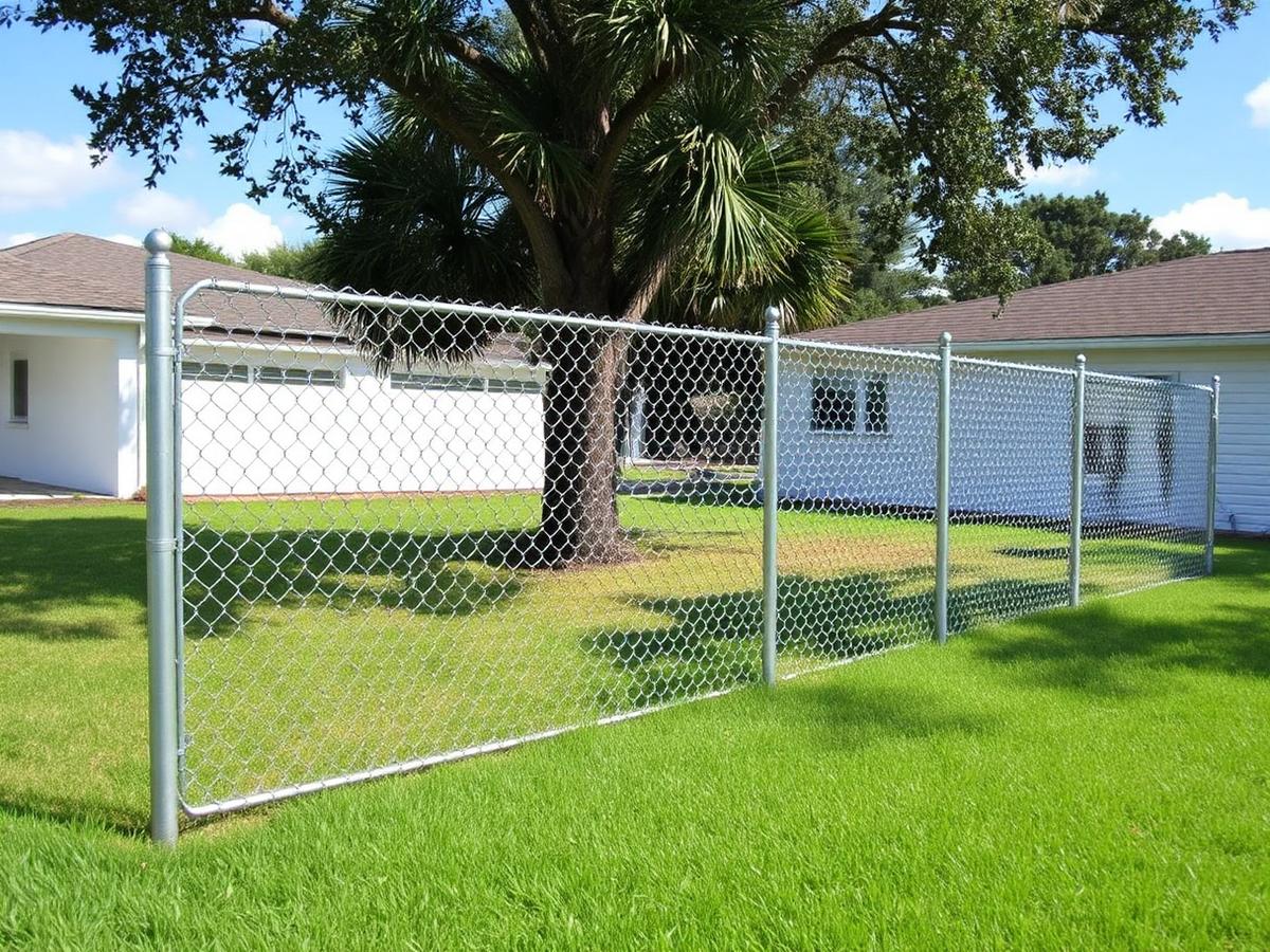 New galvanized chain link fence with straight posts and tensioned mesh around a Florida backyard after rebuild