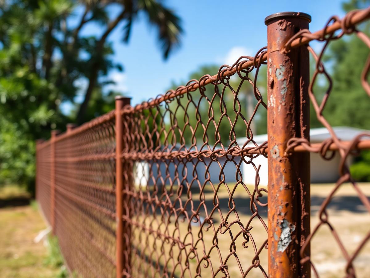 Rusted chain link fence with bent posts and loose mesh on a Pompano Beach property line before rebuild