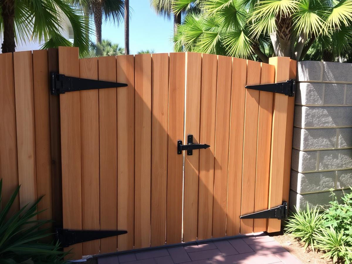 Rebuilt wooden gate with new black hinges and latch hanging square at the same backyard entrance