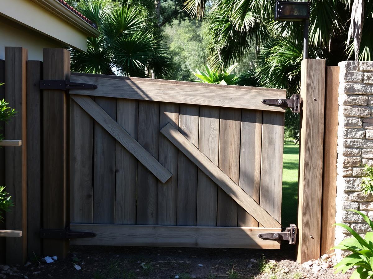 Sagging wooden backyard gate pulling away from its hinges at a Davie home before rebuild