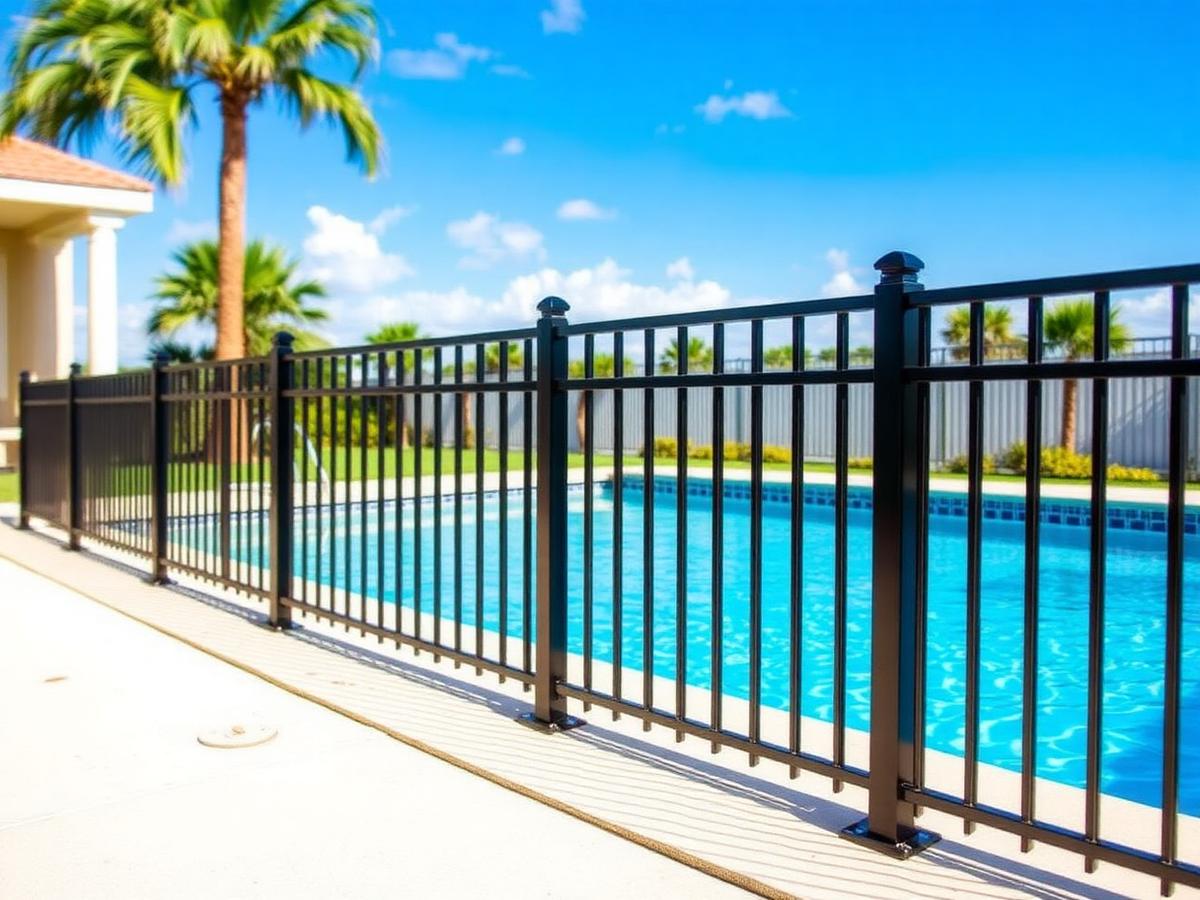 Secure black aluminum pool safety fence properly anchored along the pool deck after repair