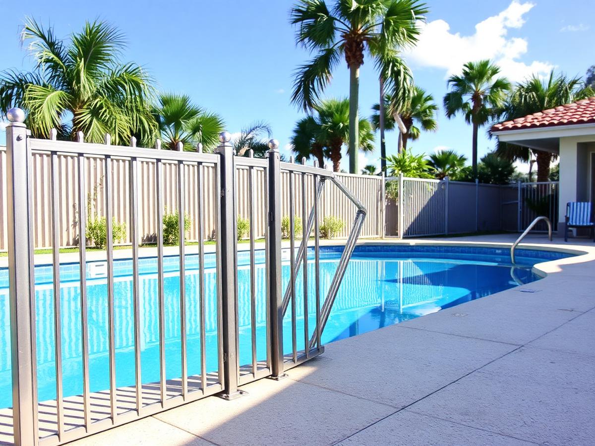Loose leaning aluminum pool fence section beside a Hollywood Florida swimming pool before repair